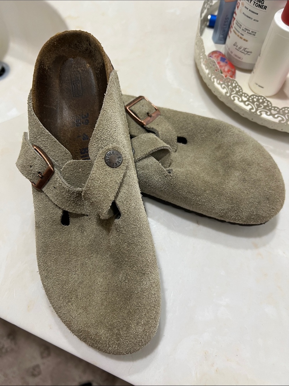 Birkenstock Men’s Suede Slip-On Clogs in Taupe Green
